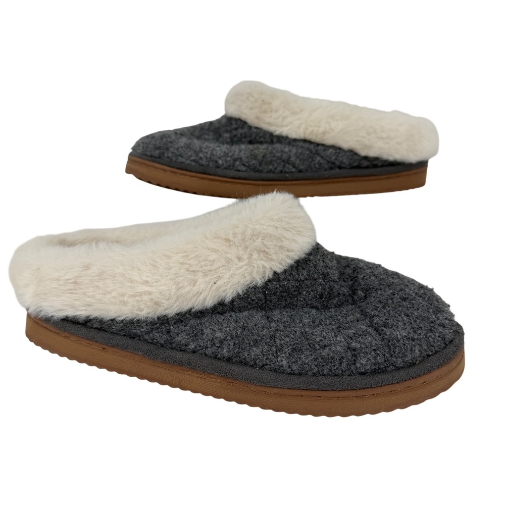 Dearfoams Cozy Comfort Slipper Women Size 7-8 Grey Cream Quilted Faux Fur Trim